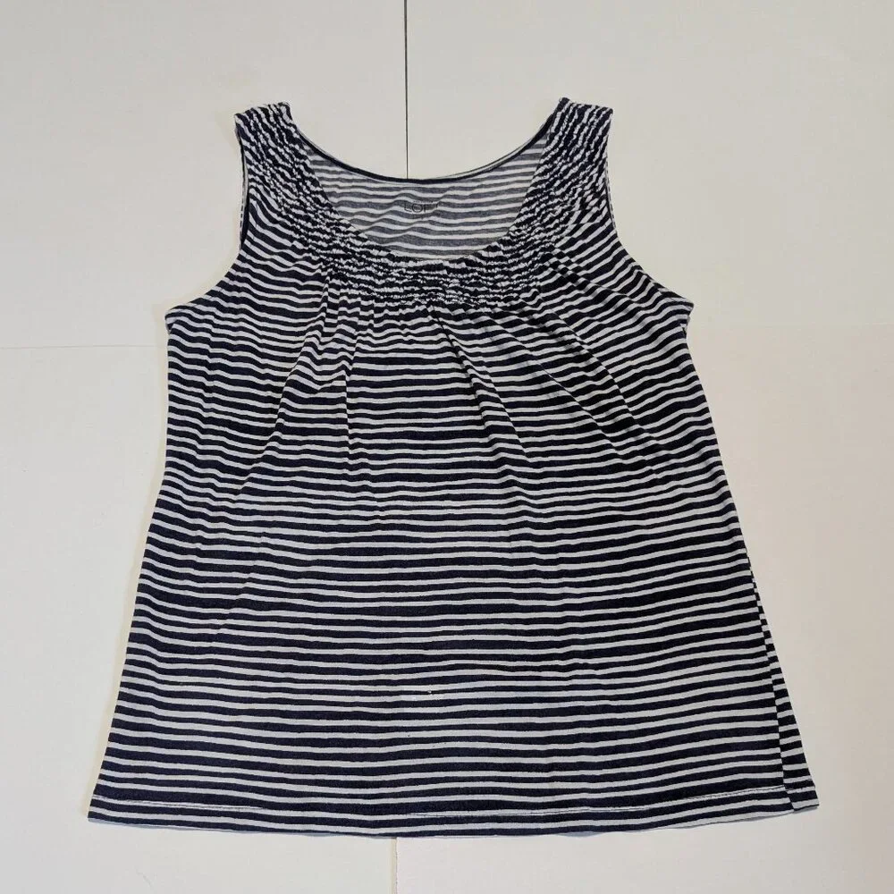 Ann Taylor Loft blue & white stripped sleeveless shirt with smocked neckline, - Picture 1 of 11